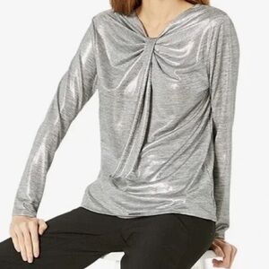H Halston Bow Coquette Futuristic Festival Disco Silver Blouse - Women's Small